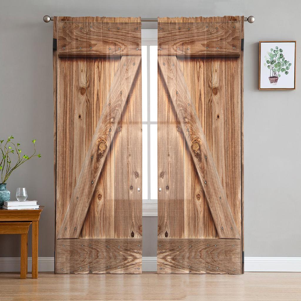 Wooden Door Stone Wall Shabby Retro Tulle Curtains for Living Room Decoration Modern Chiffon Sheer Voile Kitchen Bedroom Curtain