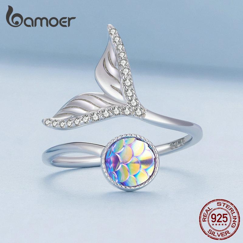 BAMOER, кольцо из стерлингового серебра 925 пробы, кольцо с рыбьим хвостом, цветная рыбья чешуя, регулируемое кольцо для женщин, ювелирные изделия