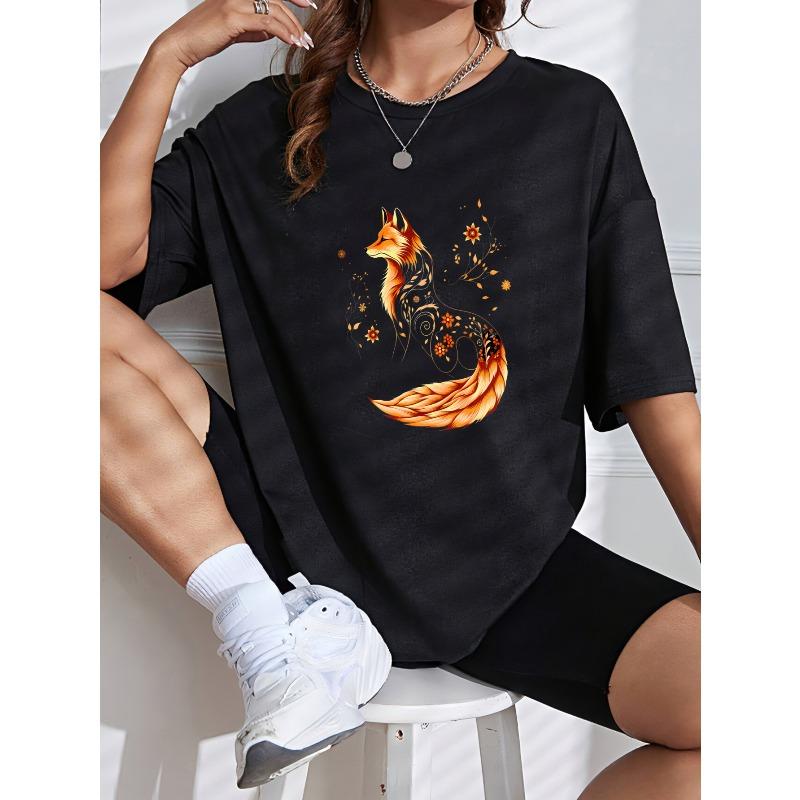 Женская повседневная футболка с цветочным принтом белой лисы, летний топ для повседневной носки