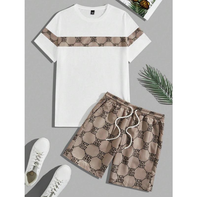 Мужской костюм в стиле ретро с принтом букв и круглым вырезом, футболка с шортами, удобный и дышащий мужской костюм из двух частей