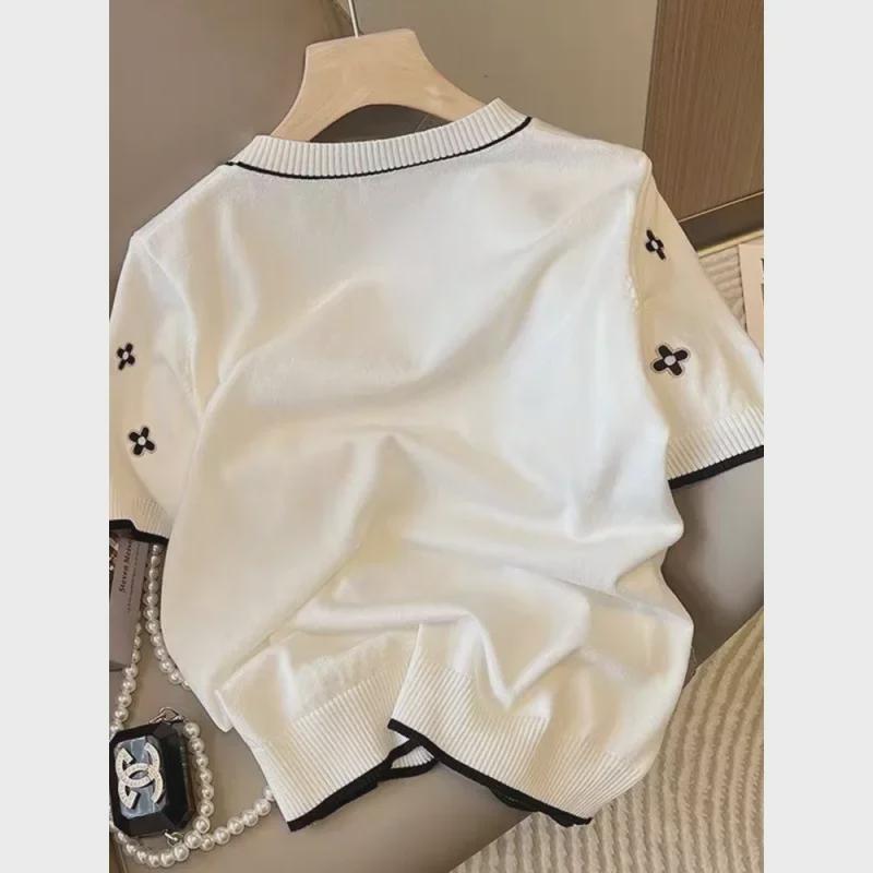 Футболка с коротким рукавом из корейского жаккардового трикотажа 2022 года — легкая, свободного кроя, с круглым вырезом, верх из ледяного шелка