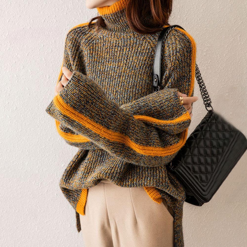 Пуловер Водолазка свитер женский джемпер с длинным рукавом корейский зимний свободный трикотаж Harajuku цветные блоки женские трикотажные топы