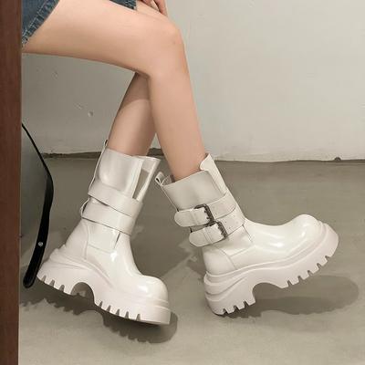 Модные осенние новые ботильоны на квадратном каблуке, женские модные ботильоны с круглым носком, металлической пряжкой, на платформе, противоскользящие, износостойкие, ботфорты до середины бедра