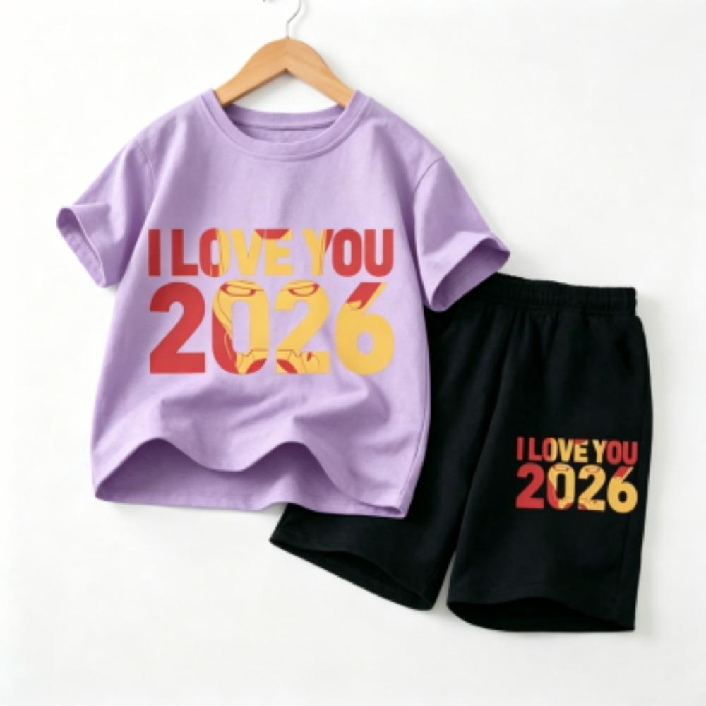 Fashion Letters I Love You 2026 Print Outdoor Street Kids T-shirt and Shorts Summer Home Casual Outfit Boy and Girl's Sports Set