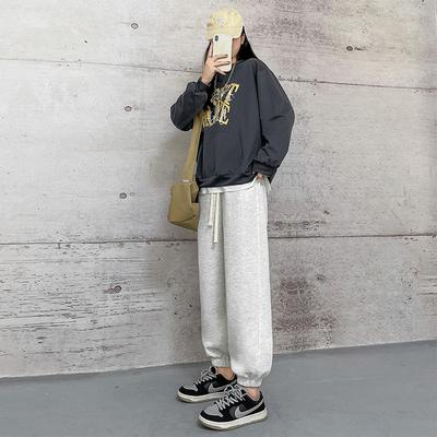 Серые спортивные штаны для женщин на весну и осень Новые свободные завязки и узкие маленькие повседневные прямые шаровары