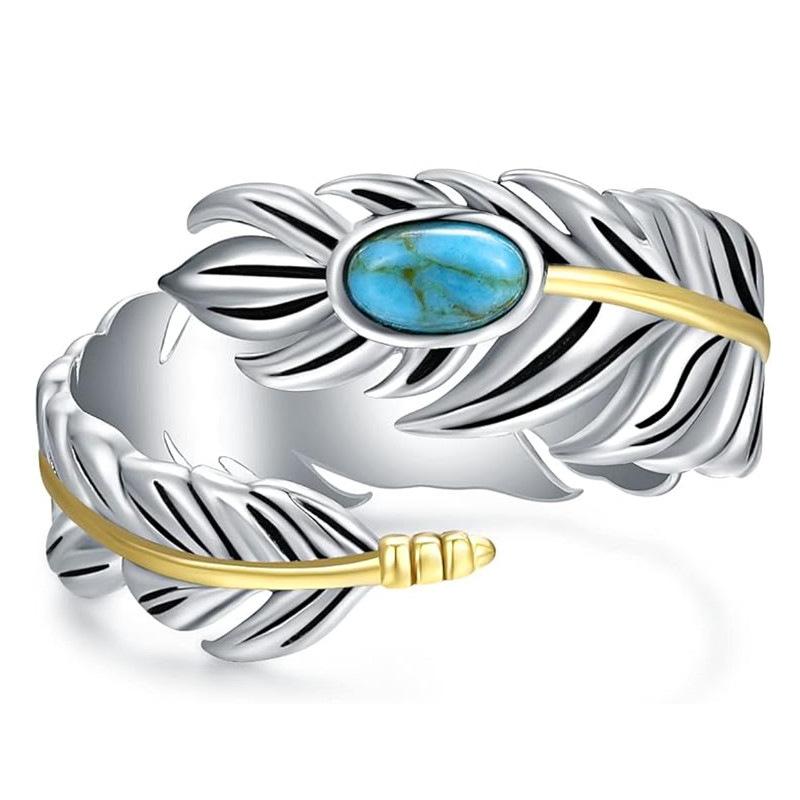 Feather Ring For Women, Imitation Turquoise Fashion Jewelry, Vintage Personalized Design Ring