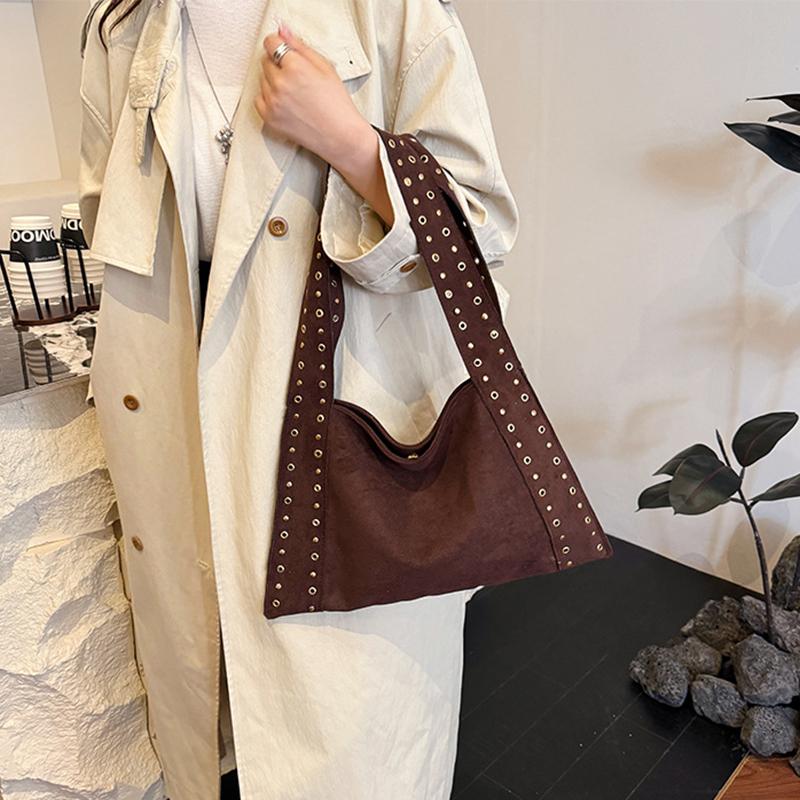 Ретро Замшевые Сумки через Плечо с Заклепками, Рабочие Сумки из ПУ Кожи, Большая Сумка-Тоут, Мешковатая Сумка-Локомотив для Женщин, для Путешествий, Зима, Осень