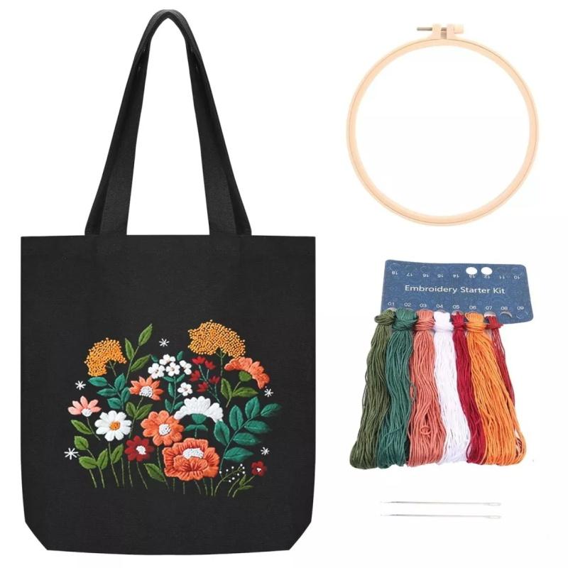 Пяльцы Инструкции по шитью Нитки Набор для вышивания Цветочный узор Холщовая сумка-тоут