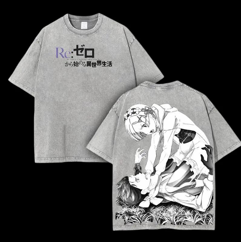Re ZERO Rem Subaru Retro T Shirt Anime Harajuku Vintage Washed T-shirt Men Women Clothing Oversized 100% Cotton Tees Clothes