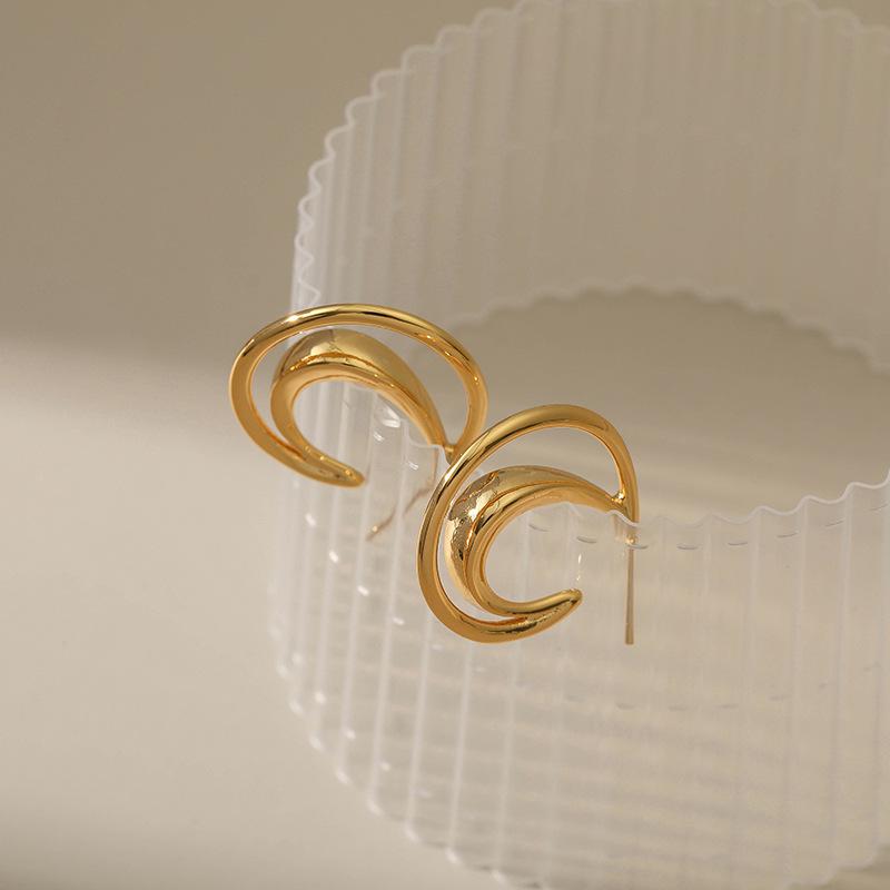 C Shaped Double Layer Geometric Irregular Minimalist Earrings Brass Plated 18k Gold