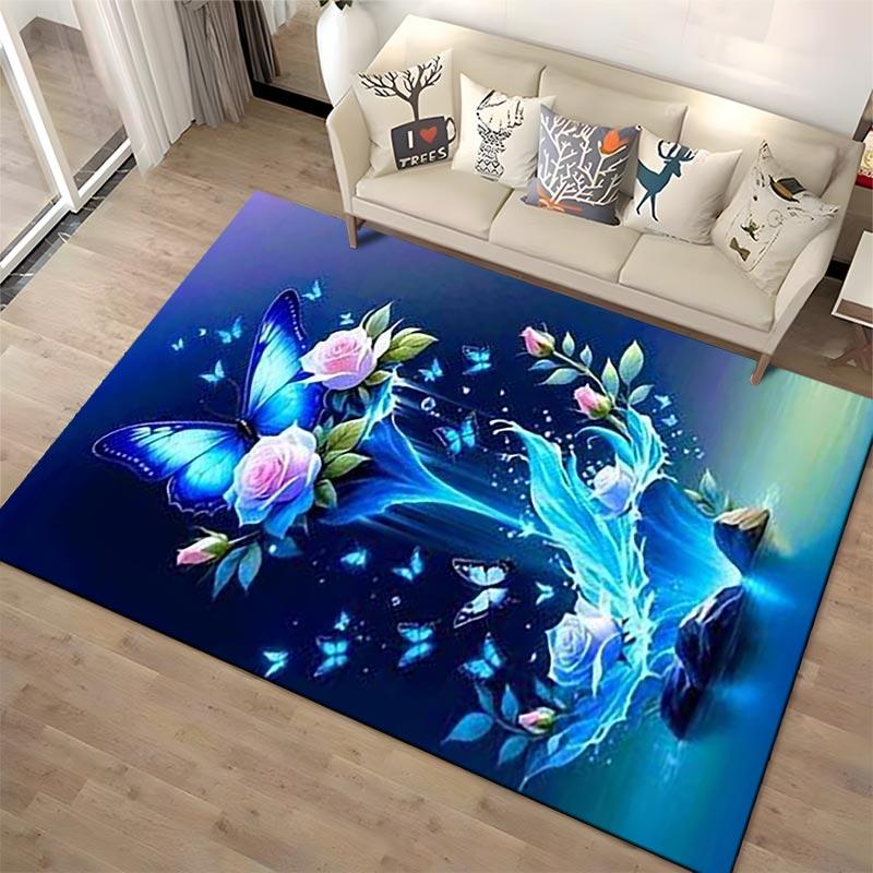 Butterfly and Rose Carpet, Blue Glowing Design with Elegant Floral Art Suitable for use as an anti-slip for living room bedroom sofas