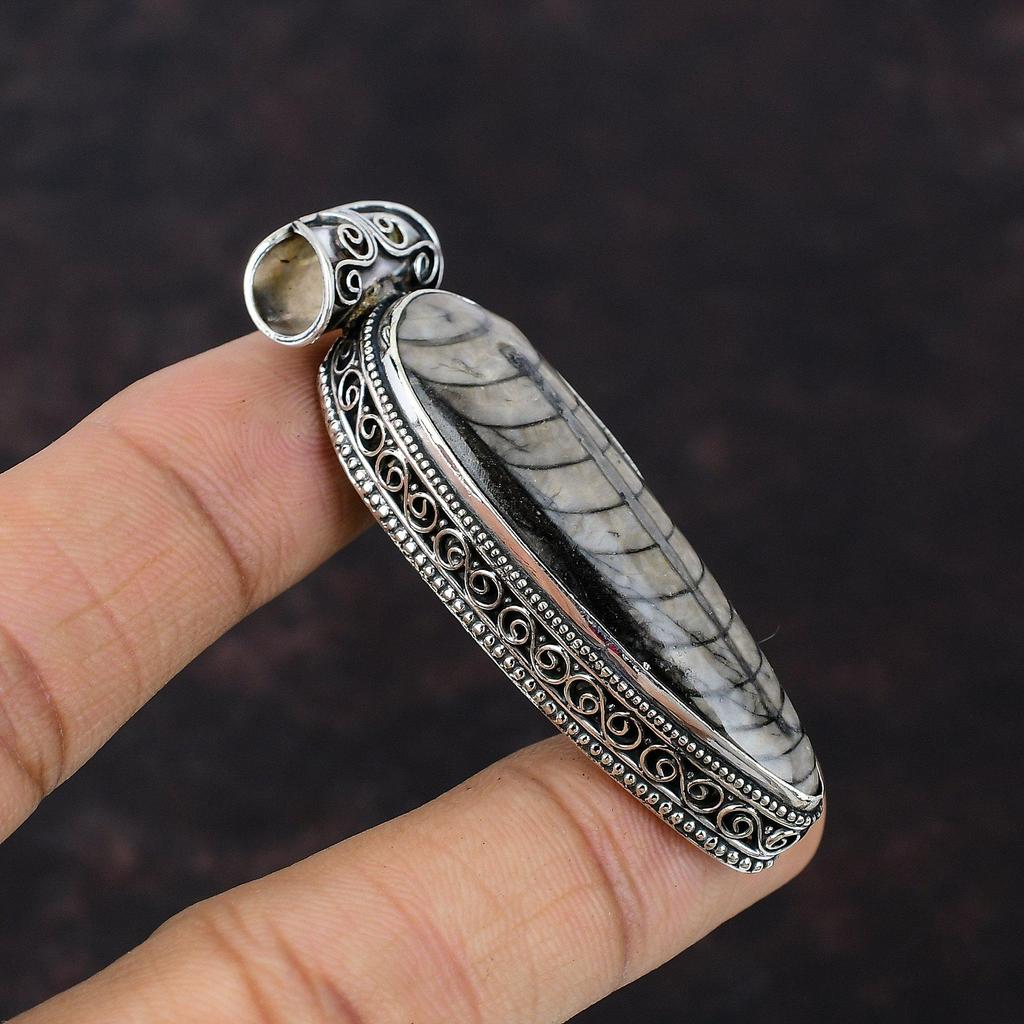Подвеска Orthoceras Fossil из стерлингового серебра 925 пробы, винтажная подвеска, ювелирные изделия ручной работы, подвеска из натурального драгоценного камня, подарок для него, исцеляющий камень