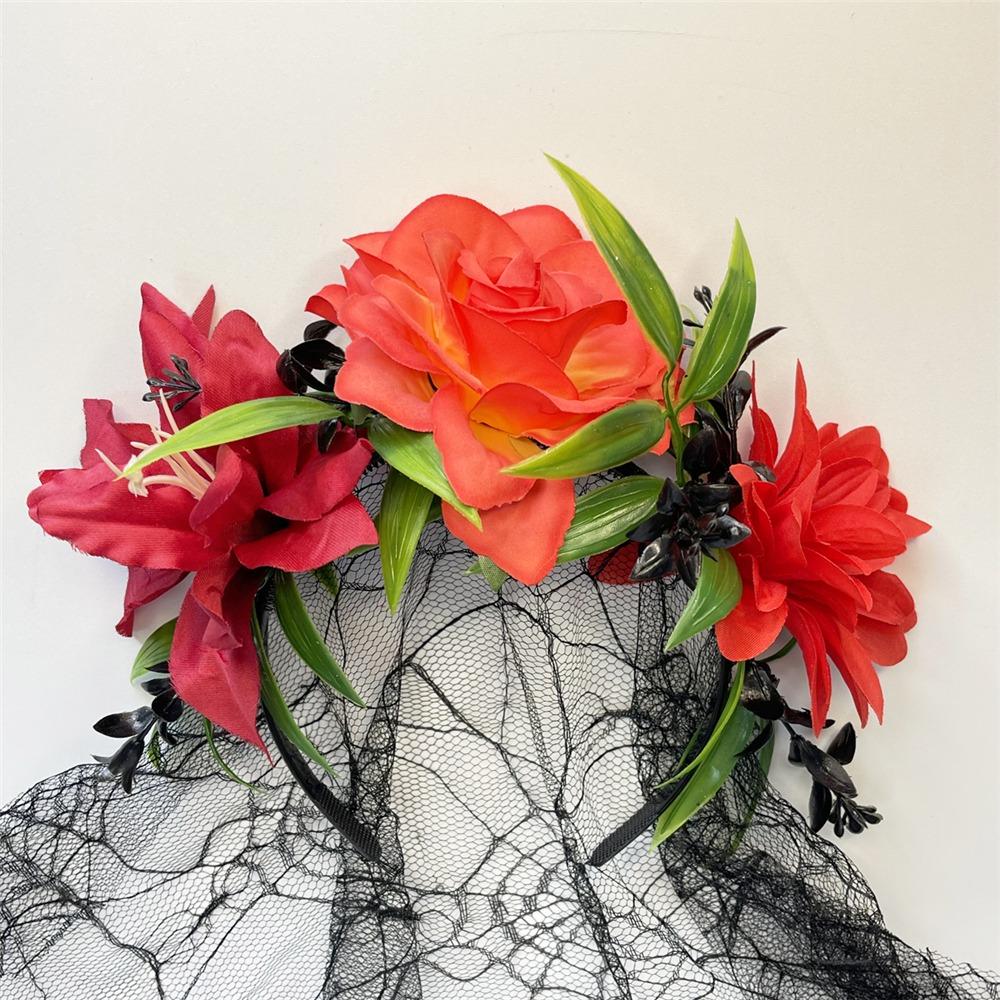 Повязка на голову в виде венка из цветов на День мертвых с черной вуалью, аксессуары для вечеринки для женщин