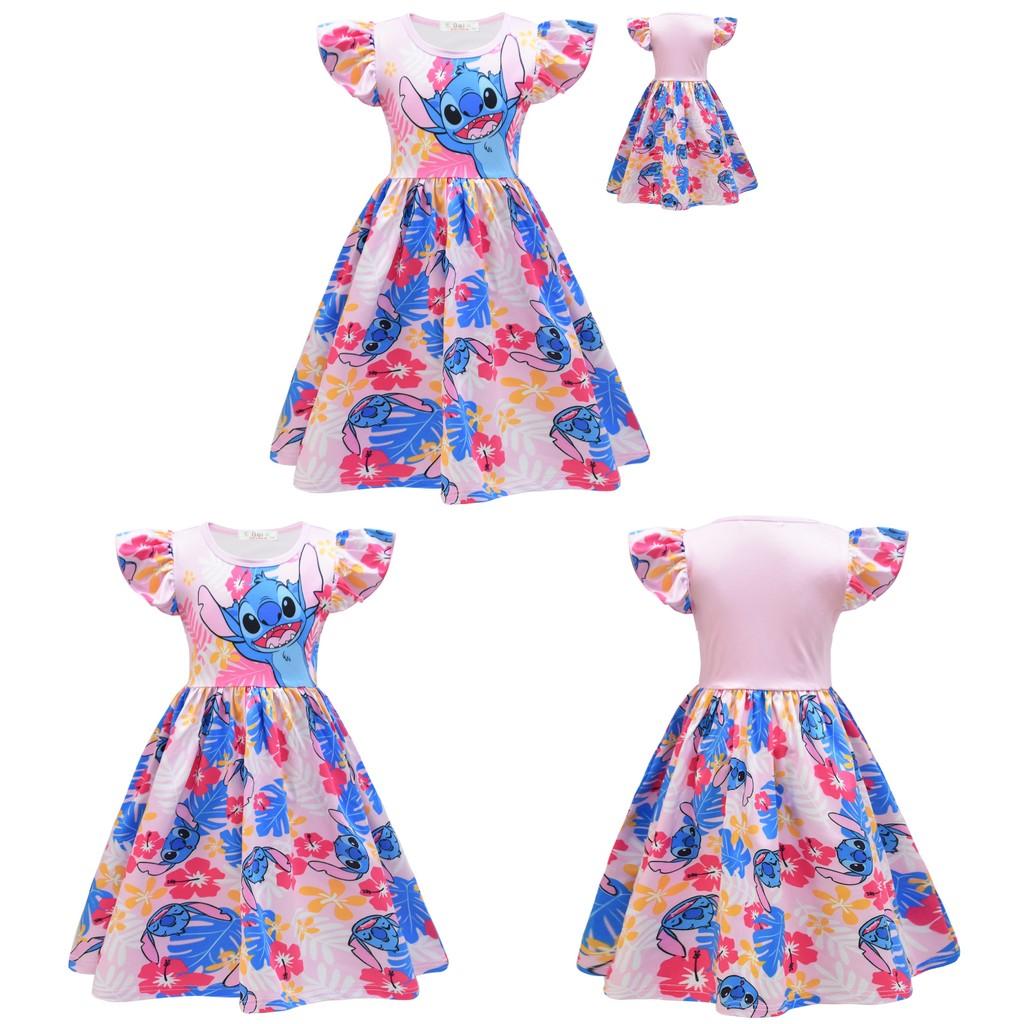 Lilo And Stitch Girl Dress With Puffy Sleeves Summer Cotton Polyester For Ages 3 To 8