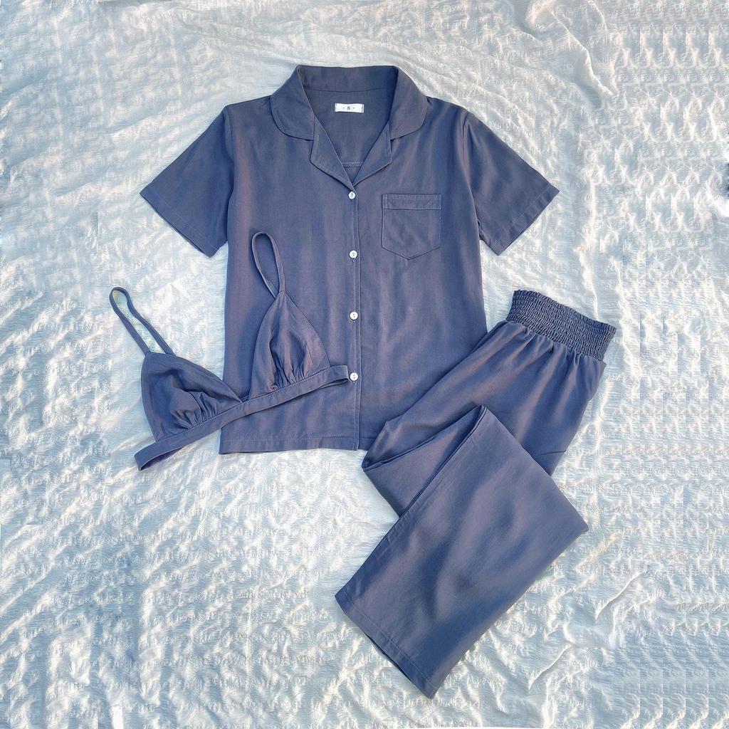 Women’s Sleeping Suits Rayon Pajamas 3 Pieces Set Short Sleeves Button Top Long Pants Comfy Bra Spring Summer Home Wear Lounge Suit Nightwear