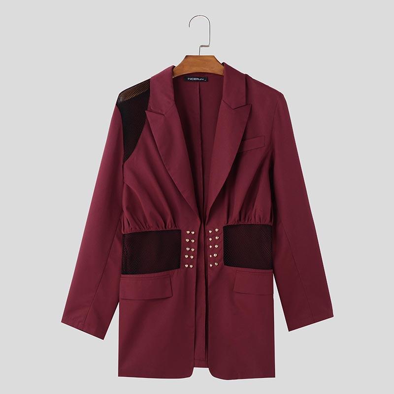 Incerun Lapel Long Sleeve Men Mesh Patchwork See Through Casual Thin Blazer Coats