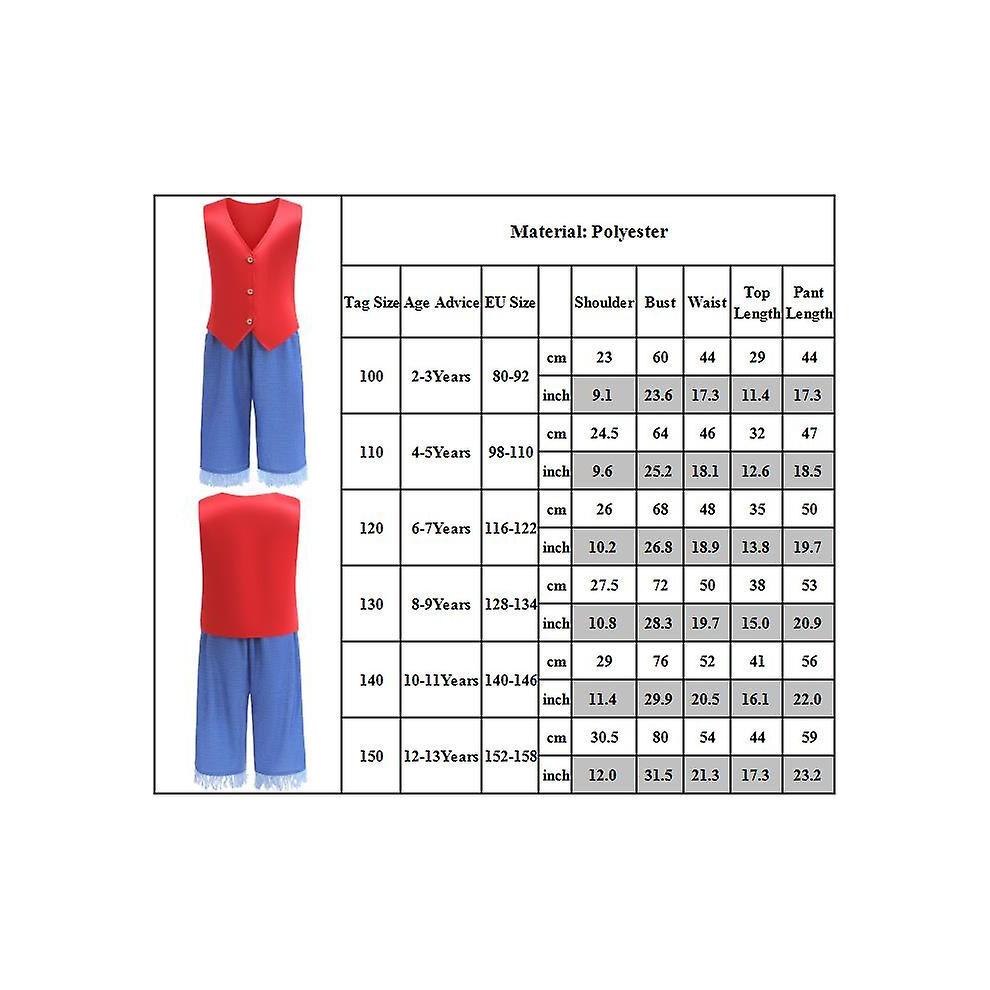 (12-13Years) Kids Boys Anime One Piece Monkey D Luffy Cosplay Costume Halloween Outfits Party Fancy Dress