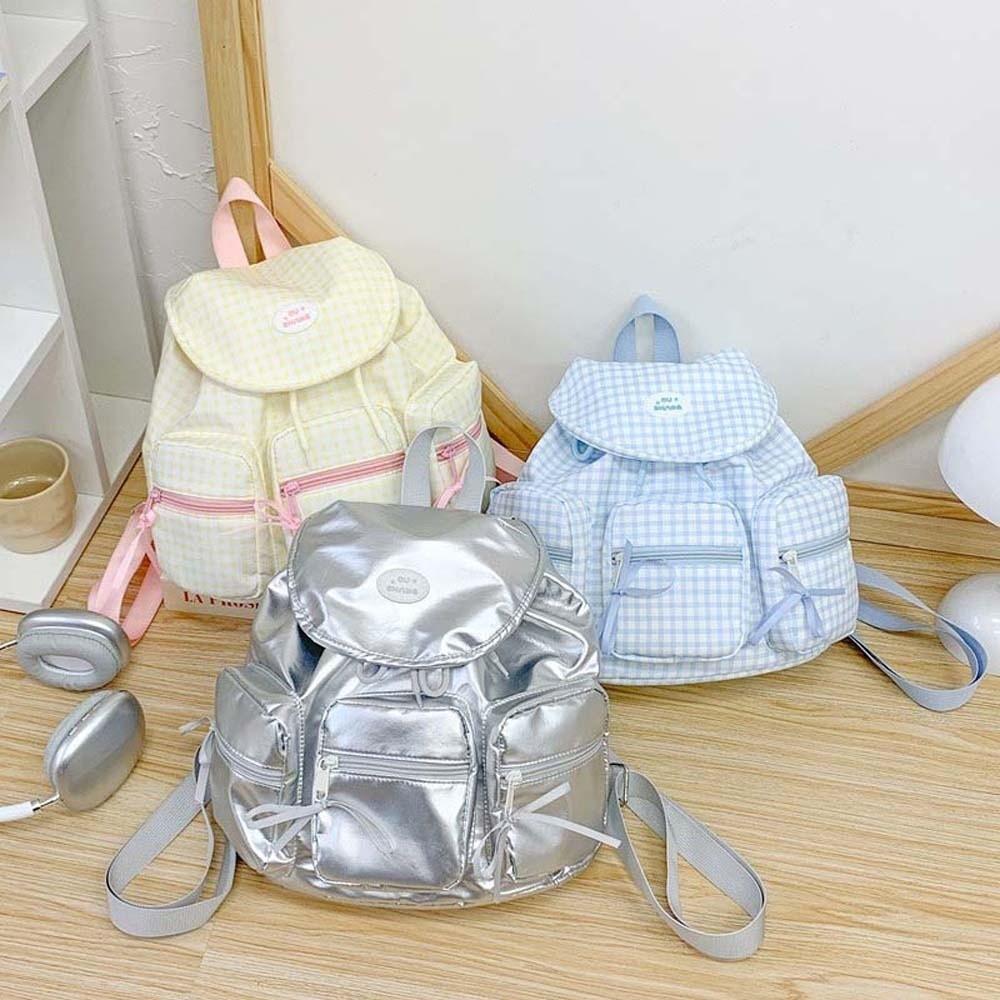 Sweet Women Daily School Bag Large Capacity Silver PU Daypack Korean Drawstring Backpack Students