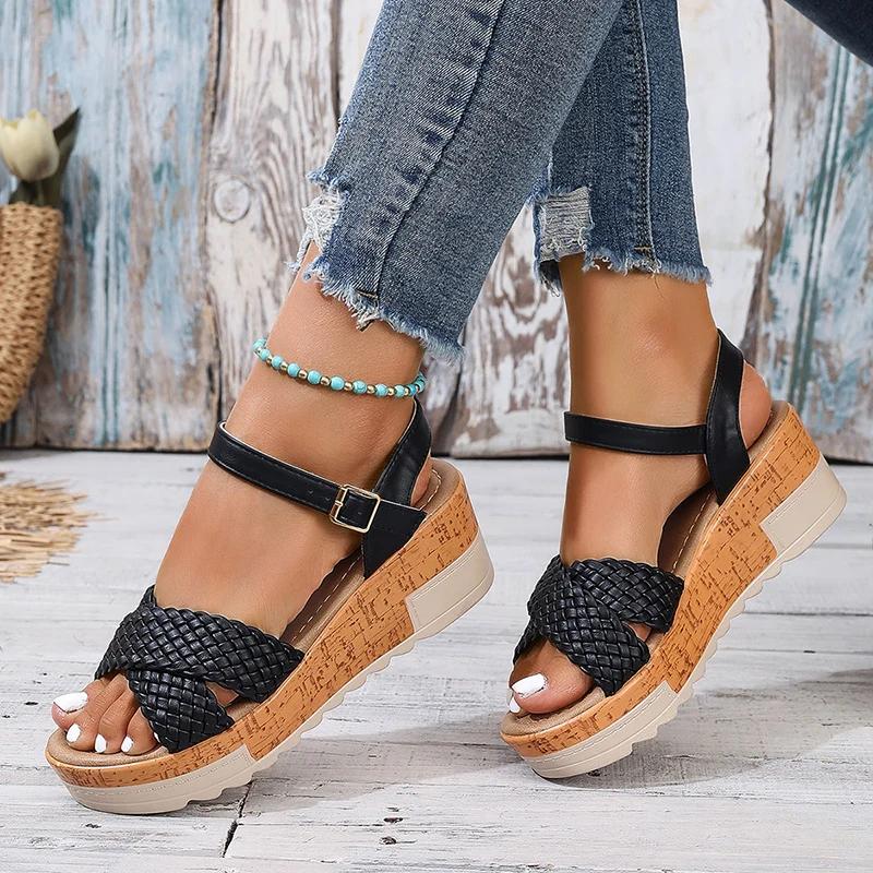 Fashion Woven Ankle Strap Wedge Heels Sandals Woman Fashion Braided Platform Rome Shoes Women Summer 2025 Thick Bottom Beach Sandalias