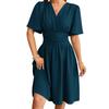 Women Midi Dress Solid Color Short Sleeve V-Neck Dress Summer Fashion Casual A-line Dress