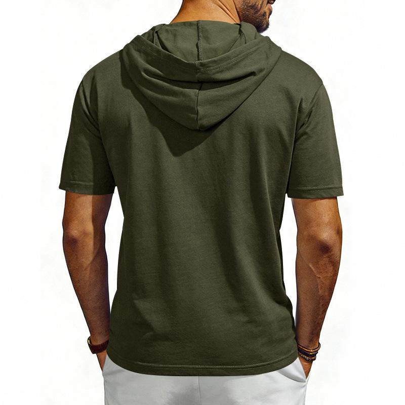 Мужская футболка-henley с капюшоном, летняя, с коротким рукавом, обычного кроя, дышащая, спортивный пуловер