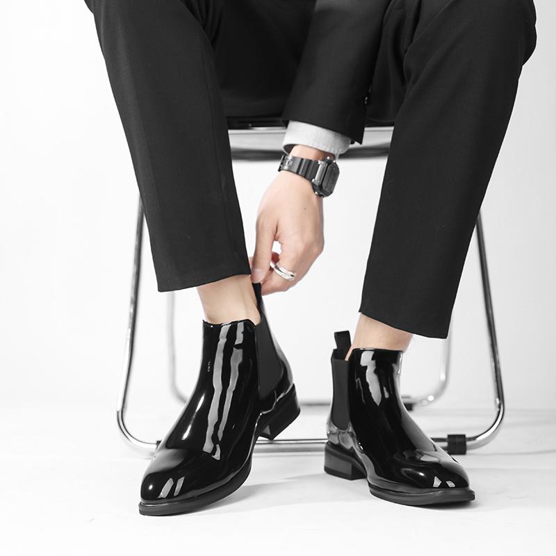 Модные мужские ботинки челси, черные повседневные короткие ботинки без застежек, винтажные модные ковбойские ботильоны, лакированные повседневные блестящие ботильоны