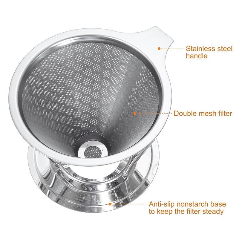 Воронка для кофе uxcell Pour Over 600 ячеек Диаметр конуса 113 мм Многоразовый фильтр для кофе Трубка из нержавеющей стали С решеткой Для 1-2 чашек