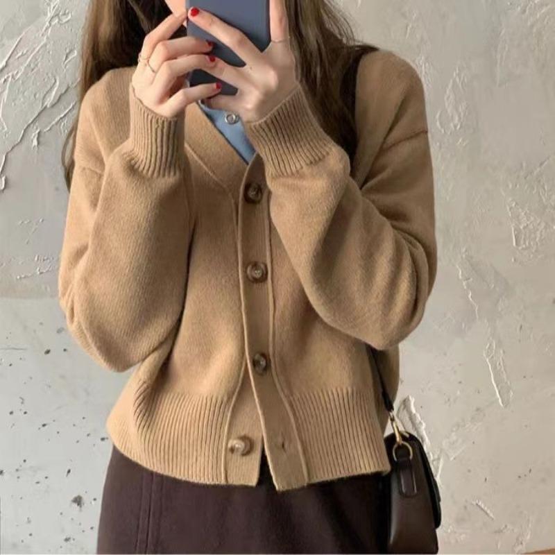 Кардиган, женский свитер с v-образным вырезом, повседневный и универсальный осенне-зимний повседневный однотонный вязаный свитер с v-образным вырезом и длинными рукавами, женский топ