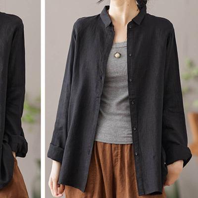 Весна Осень Рубашки на пуговицах Повседневная Отложной Воротник Женская Длинный Рукав Хлопковая Блузка