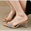 Мода Большой размер 35-42 Черная ПУ кожа Кристальный бантик Женские тапочки Сандалии Мода Каблук-рюмка Высокий каблук Мюли Шлепанцы Обувь