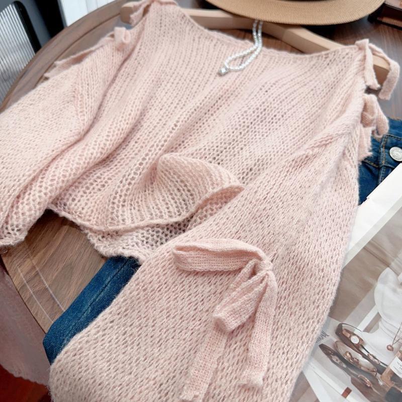 Милый розовый вязаный свитер с длинными рукавами и завязкой-бабочкой для женщин на раннюю осень. Свободный и ленивый кардиган с ажурным солнцезащитным верхом