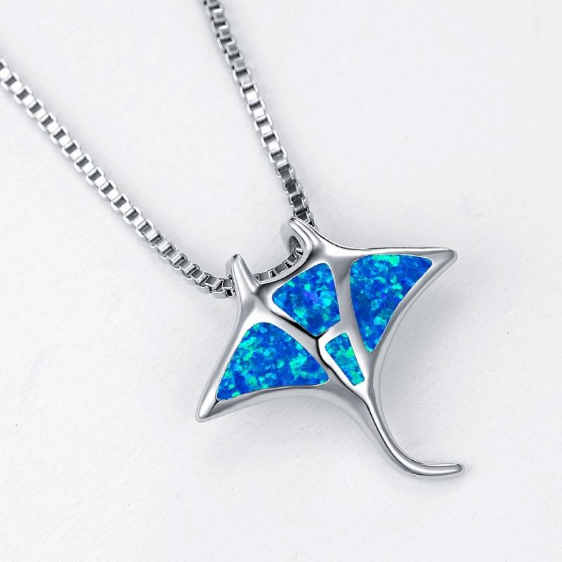 Symbol of Freedom Necklace, Elegant Manta Ray Pendant with Blue Opal, Meaningful Gift for Ocean Lovers, Silver Color Jewelry