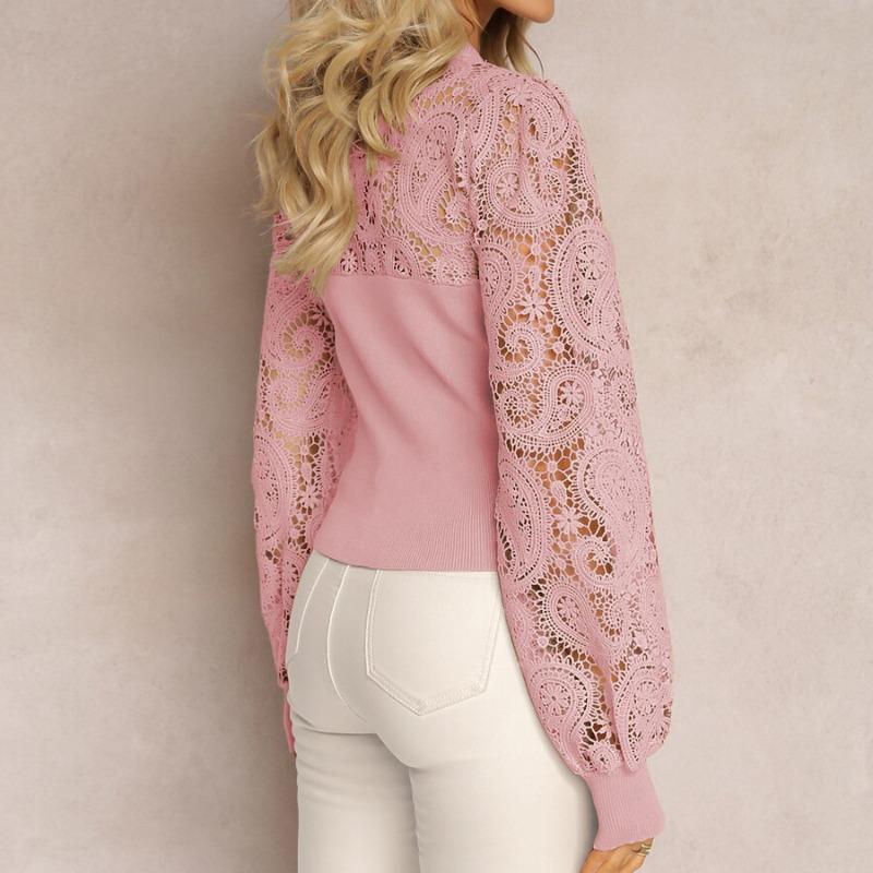 Весенние кружевные рубашки с длинным рукавом, женские, однотонные, с круглым вырезом, винтажные, элегантные, облегающие, повседневные, блузки для женщин, модные, простые, женские, рубашки, топы 26459