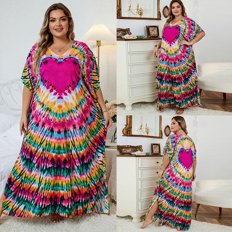 European-American Rayon Print Plus Size Beach Cover-Up Dress & Long Robe