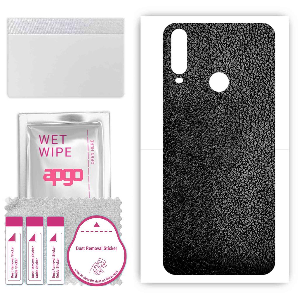 apgo Protective Skin Sticker for the Back Compatible with LG W31, Wrap Film, Foil, Vinyl - Pattern Black Leather