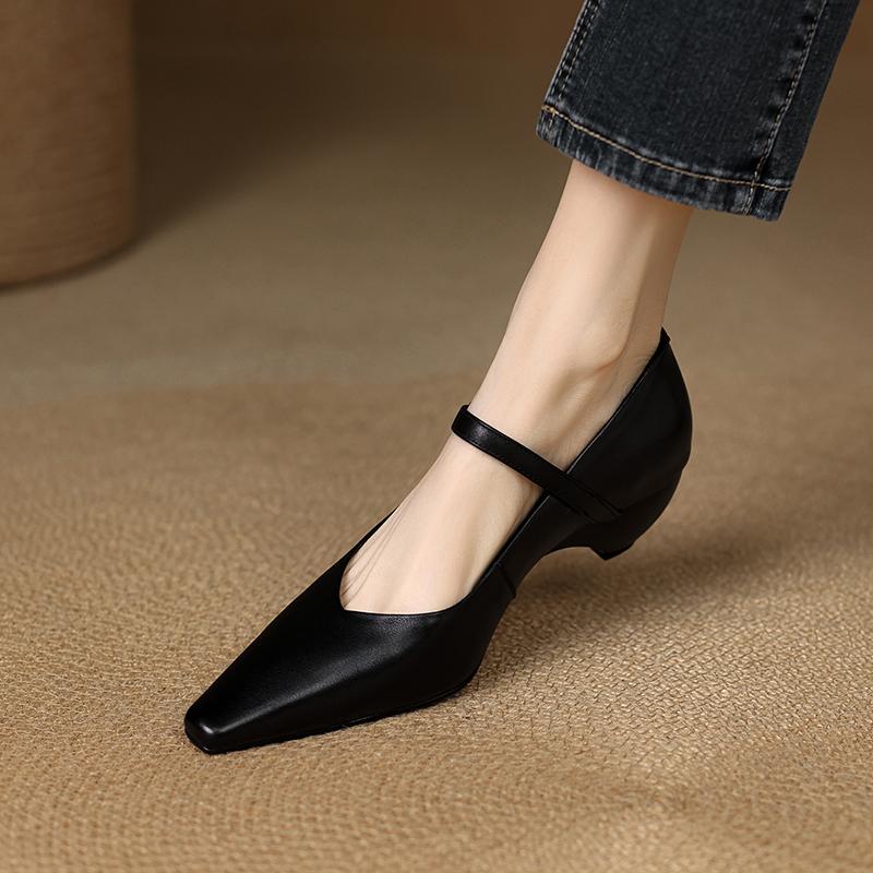 Fashion 2025 Spring Autumn Genuine Leather Mary Janes Pumps Retro Women Square Toe High Heel Casual Pumps Young Ladies Daily Walk Shoes