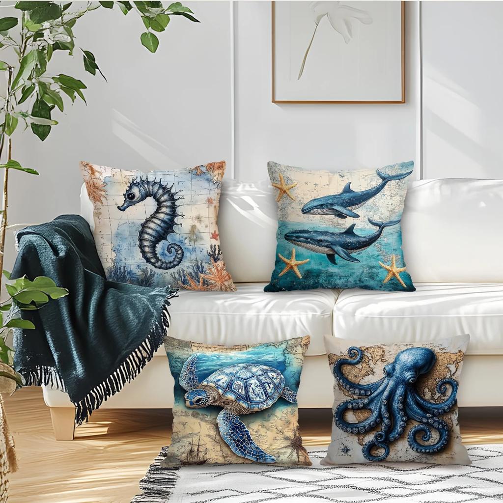 4Pcs Marine Animal Print Single-Sided Cushion Cover For Living Room Bedroom Car Home Decor