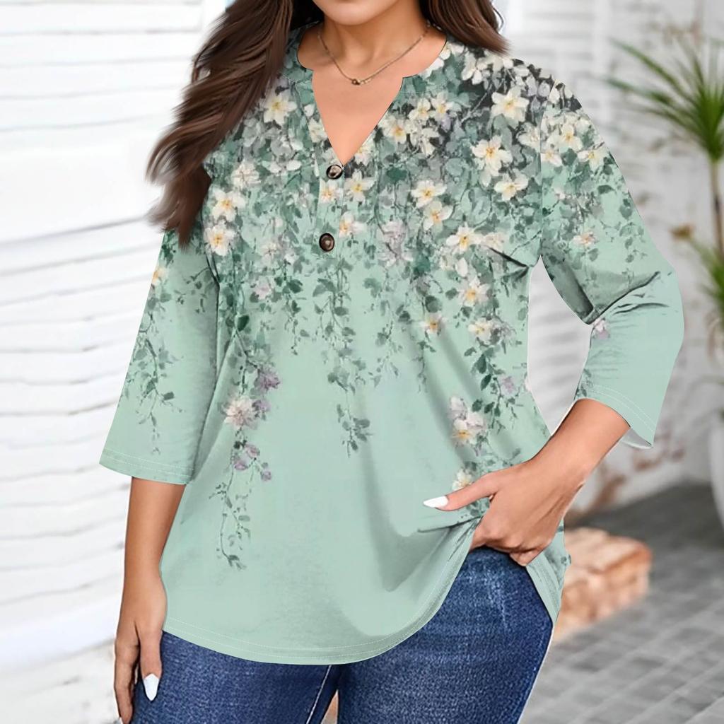 Plus Size Women's Fashion Casual Vintage Print V-Neck 3/4 Sleeve Button T-Shirt Top