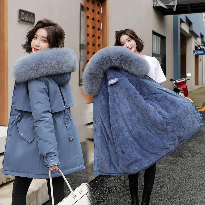 Women's Winter Plus Velvet Jacket Mid-length Korean Version of The Loose Big Fur Collar Fashion Thick Cotton Jacket