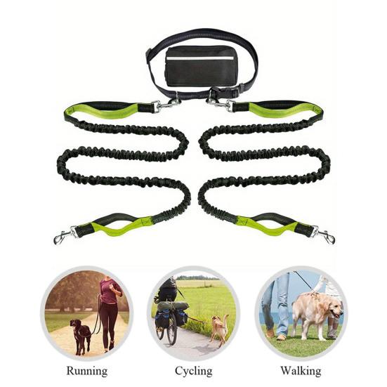Поводок для собак с поясной сумкой, светоотражающий, выдвижной поводок для двух собак, поводок для бега без помощи рук с мягкими ручками, снаряжение для безопасной ночной ходьбы
