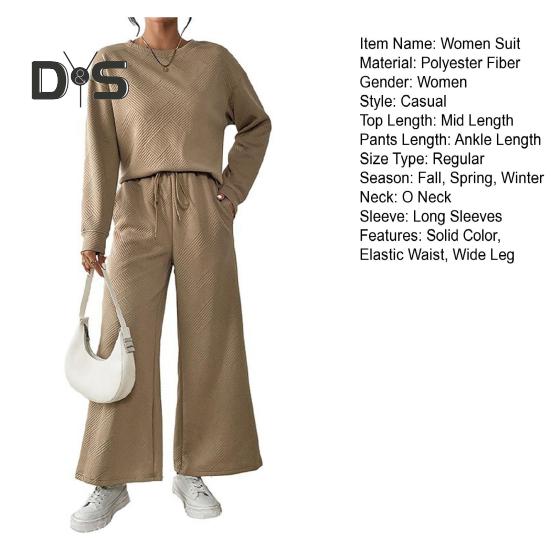 2 шт./комплект женский топ брюки костюм O-образный вырез длинные рукава однотонный спортивный свитшот завязывающийся на резинке талия широкие брюки фитнес-наряд осень весна