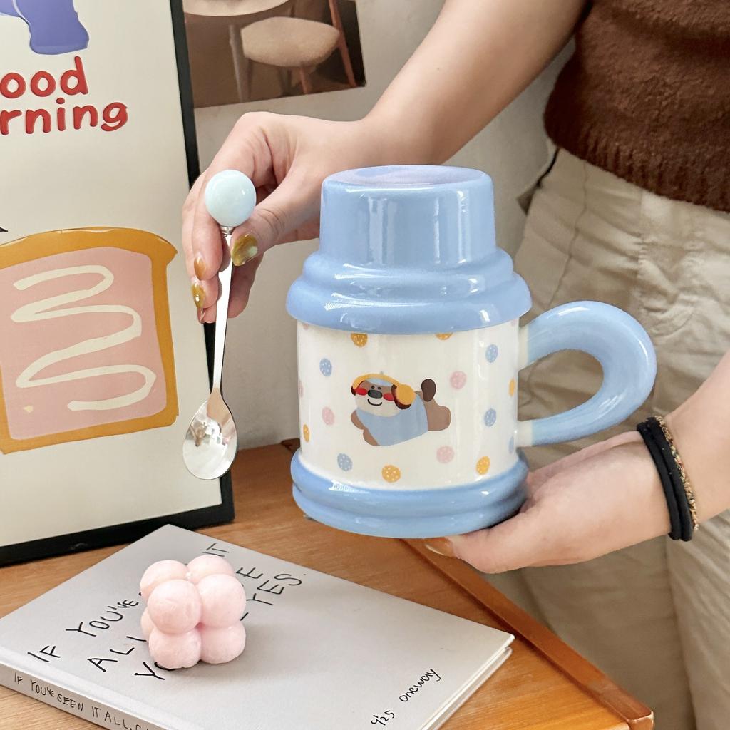 Cute Polka Doll Puppy Kettle Cup Ceramic Mug with Lid Spoon Couple Home Coffee Breakfast Cup Souvenir Gift