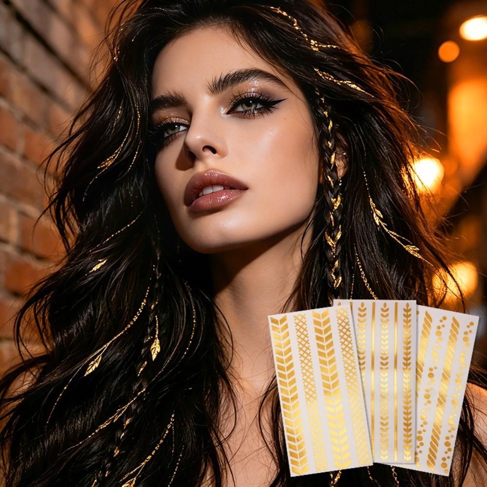 Disposable Water Transfer Printing Hair Stickers Waterproof Metal Style Tattoo Stickers Makeup