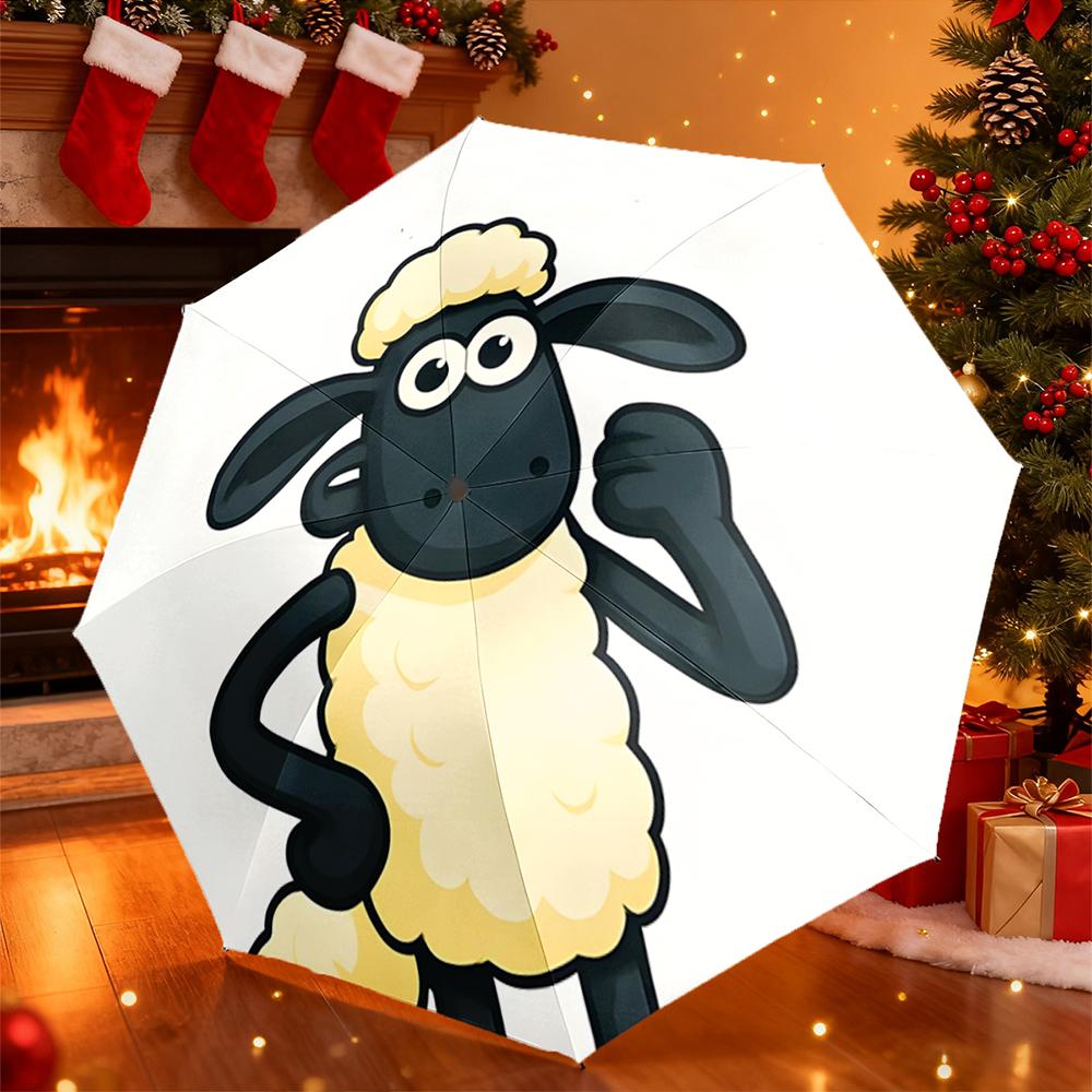 Automatic Umbrella with Shaun the Sheep Flexing White Background Print, Windproof Travel Umbrella for Animation Fans Gift