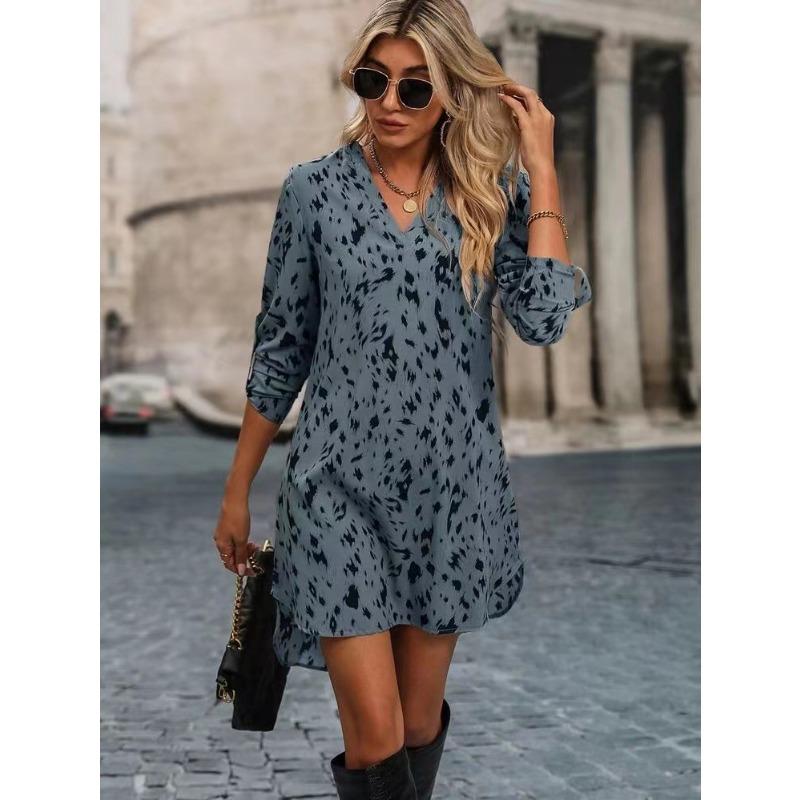 Весенне-летнее женское платье, тонкое леопардовое модное платье с воротником-стойкой и длинными рукавами