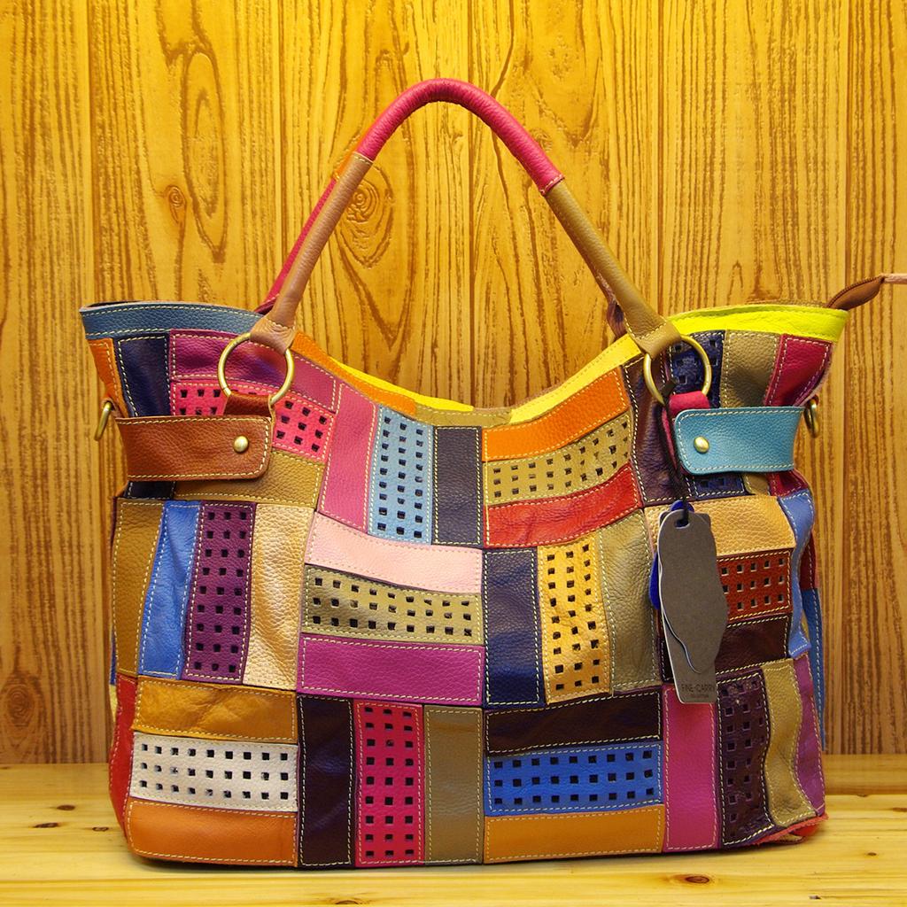 Genuine Leather First Layer Cowhide Personalized Design Contrasting Color Splicing Portable Crossbody Large Capacity Tote Women'S Bag