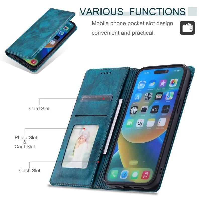 Кожаный чехол-бумажник для телефона с картой для iPhone 15 Pro Max 14 Plus 13 12 Mini 11 для Samsung Galaxy S23 Ultra S22 S21 S20 FE A54 A34 A14 A73 A53 откидная крышка