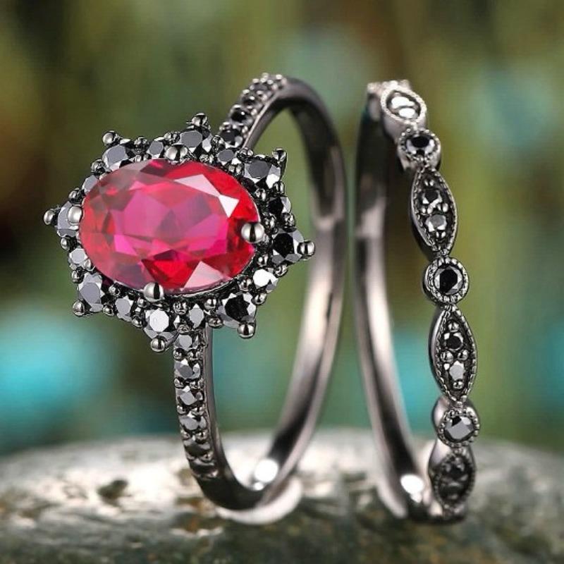 European and American new fashion gun black red zircon inlaid light luxury versatile women's ring