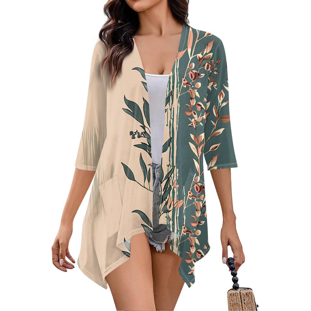 Women's Fall Print Irregular Three-quarter Sleeve Cardigan With Pocket Jacket