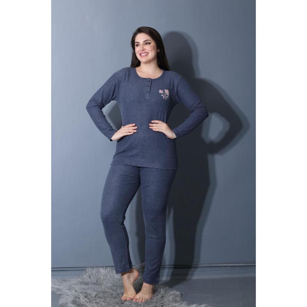 Wide Fit Mother's Winter Long Sleeve Green Plus Size Pajama Set - Single Flower